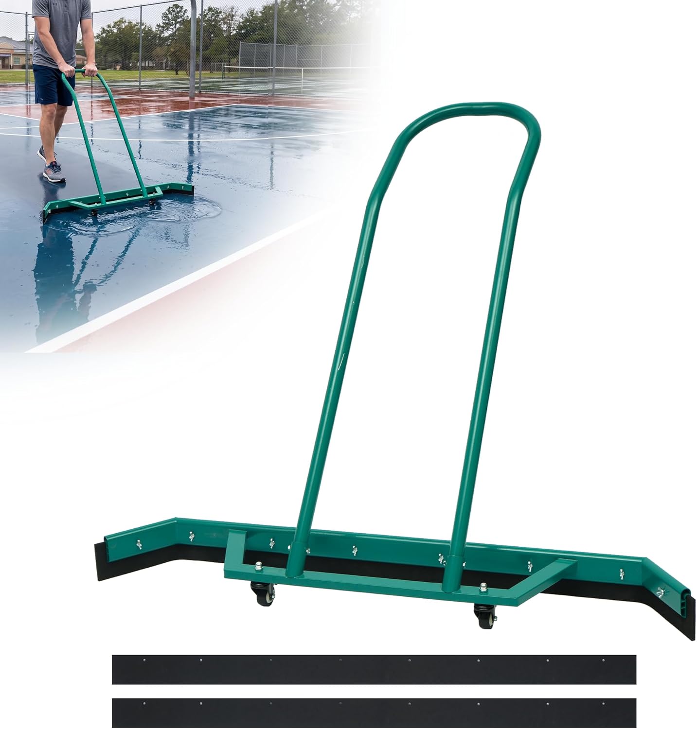 AIWFL 4.3FT Aluminium Alloy Sport Tennis Court Squeegee with Wheels, Tennis Court Rain Shuttle with Additional 2 EVA Foam Blade, Professional Squeegees Floor Water Remover Squeegee Broom, Green