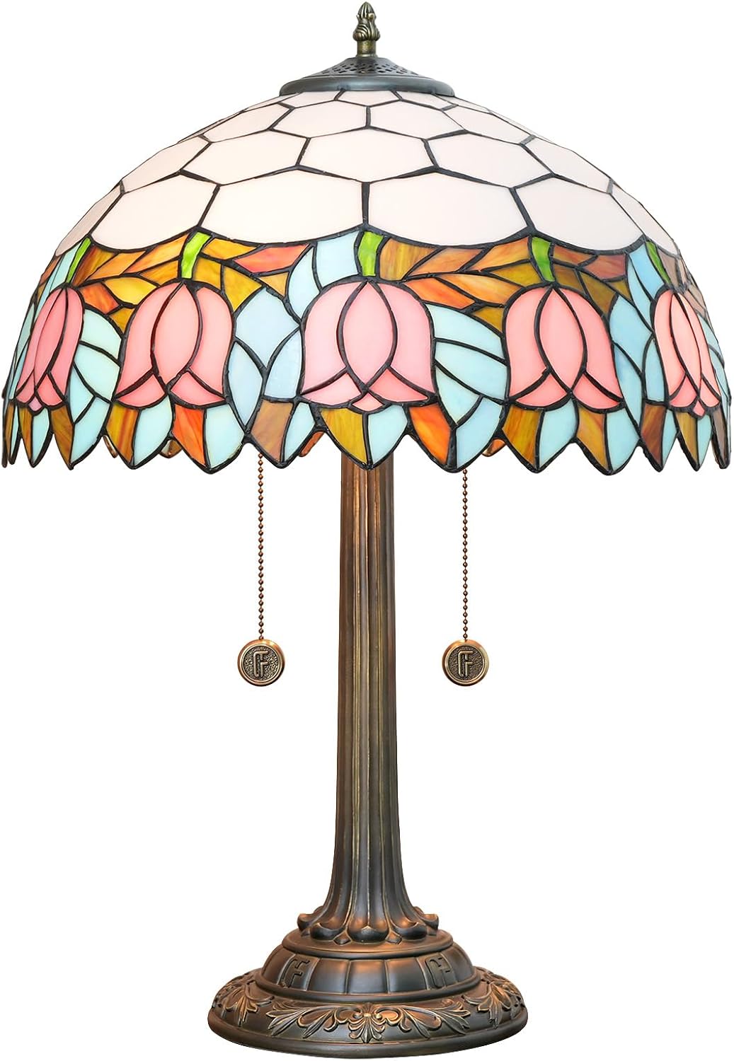 Tiffany Table Lamp 16 inch Pink Tulip Tiffany Style Stained Glass Lamp for Living Room Dining Room Antique Bedside Light Decor for Home Office