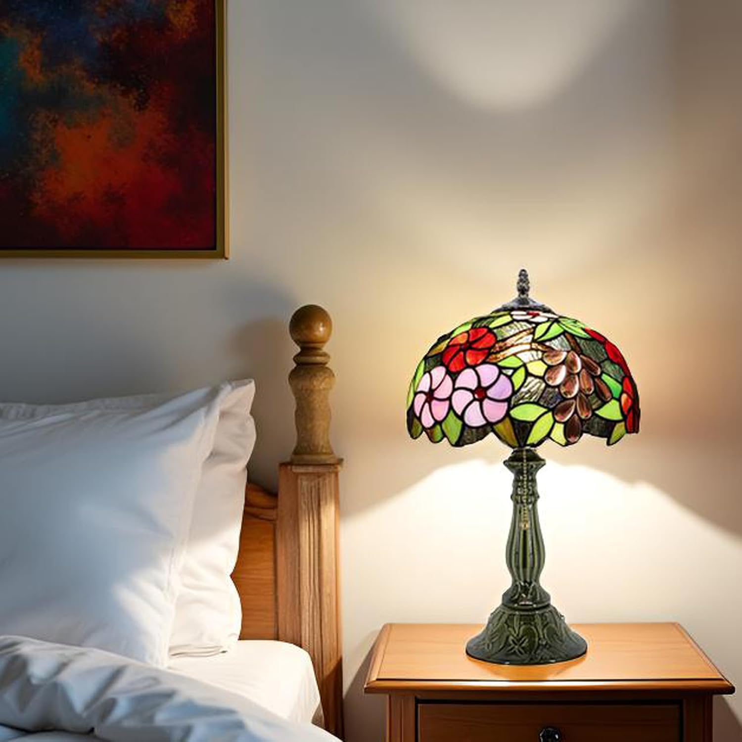 Tiffany Lamp Stained Glass Table Lamps Amber Grape Style Desk Lamp 12X12X18.5 Inch Bronze Ceramic Base Reading Light Suitable for Bedside Bedroom Living Room Dining Room Office