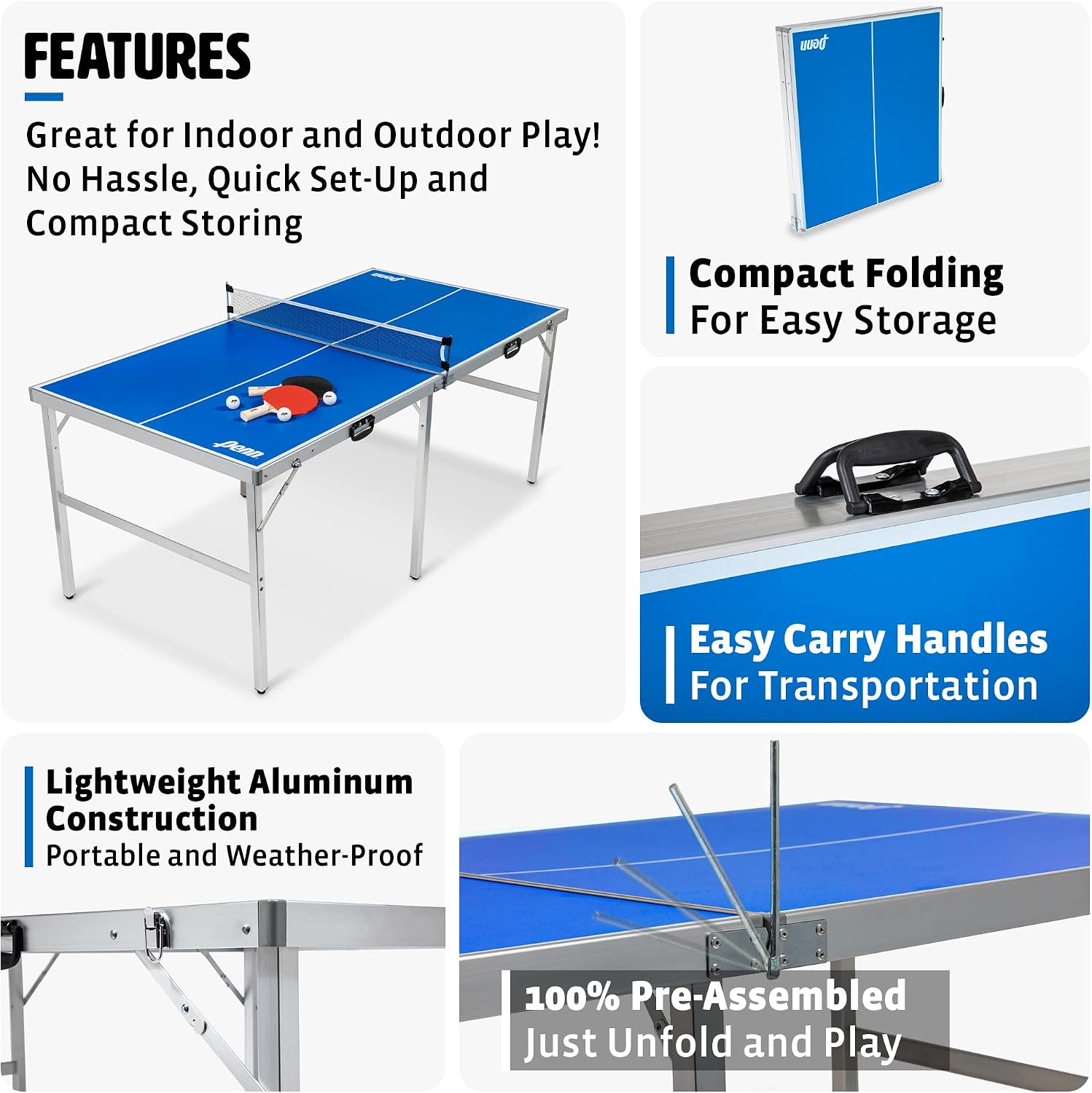 EastPoint Space Saver Table Tennis Table - Assembled, Blue, 6 ft x 3 ft - Weatherproof for Outdoor Ping Pong - Paddles & Balls for Instant Ping Pong Play
