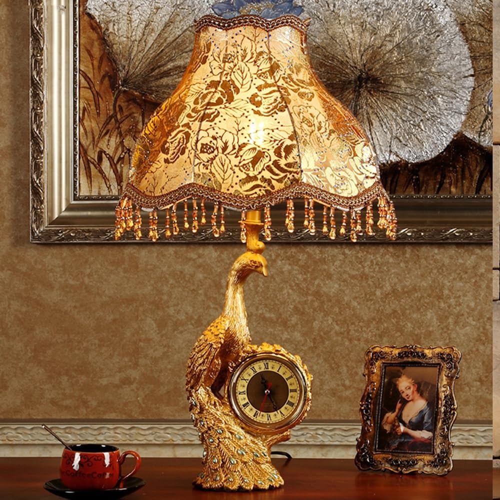 Gold Peacock Table Lamp with Clock Vintage Victorian Table Lamp for Living Room Fabric Shade Antique Bedside Lamp Retro Rustic Desk Nightstand Lamp for Farmhouse Bedroom Home Office Decor