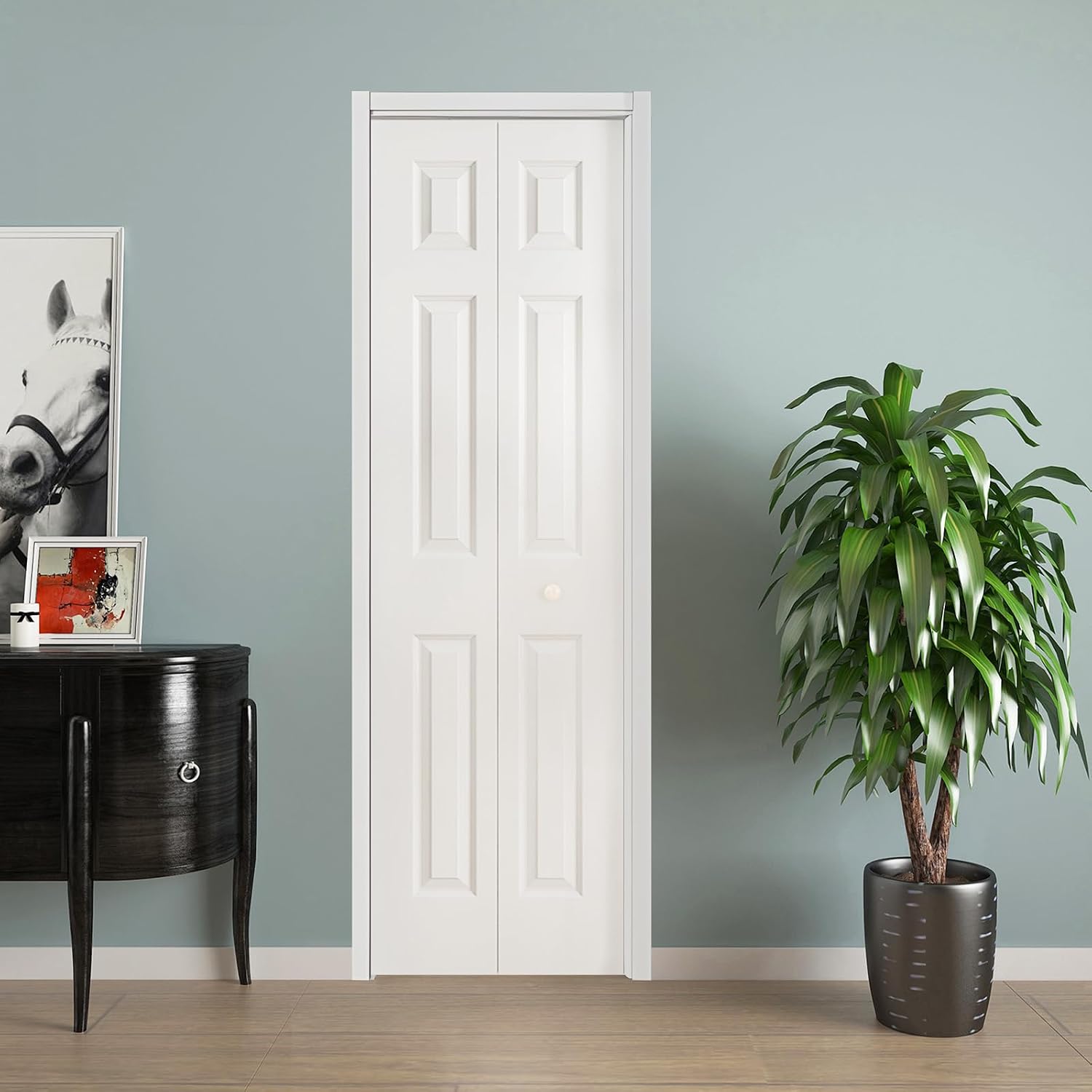JUBEST Bifold Doors, 6 Panel Primed Bifold Closet Doors for 24'x80' Door Opening, Modern White Hollow Core Bi-Fold Door Slab with Hardware Kit & Knob, Widely Used, Primed