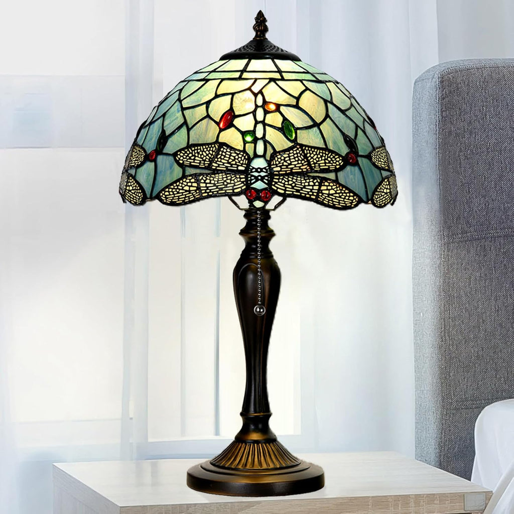 TL0023 Tiffany Style Dragonfly Table Lamp Stained Glass Blue Shade Reading Desk Light 12 X 20 Inches for Bedroom Living Room Home Office, Vintage Handcrafted Accent Décor, LED Blub Included