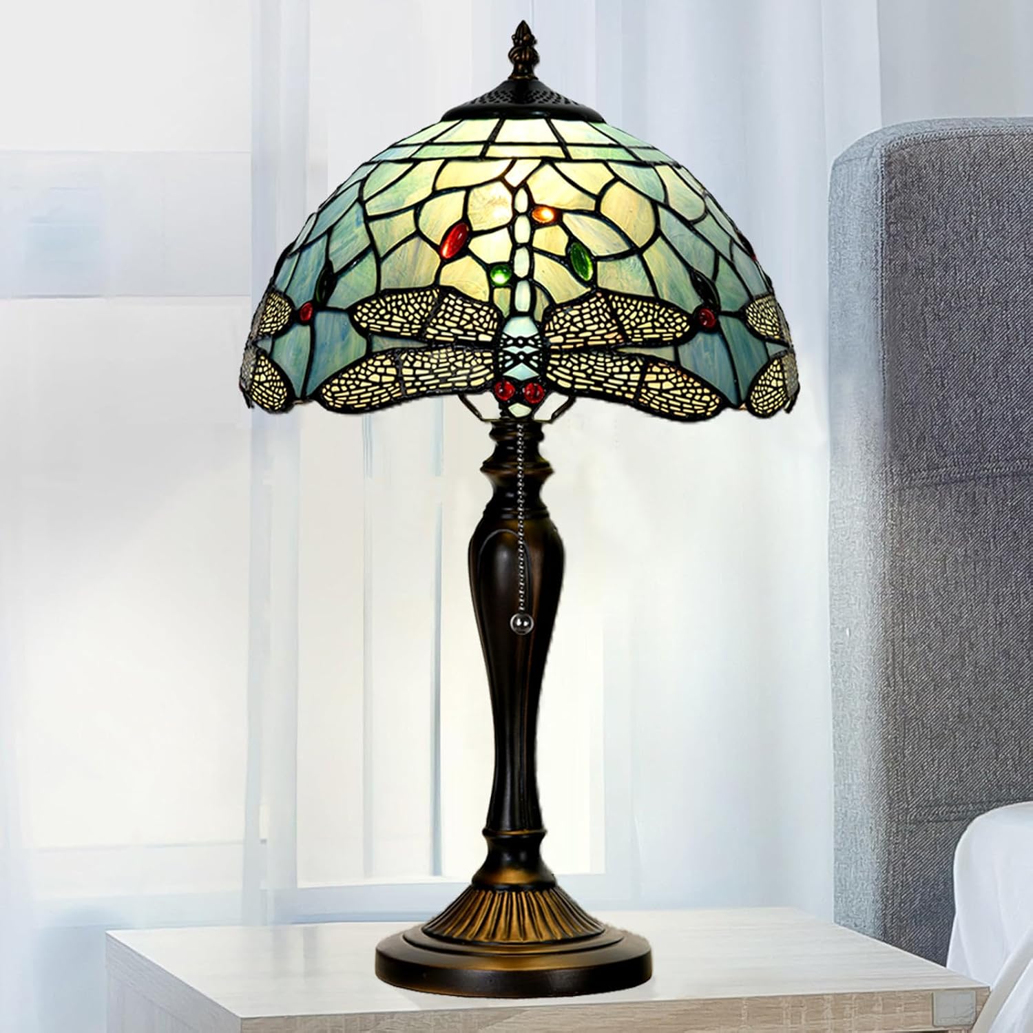 TL0023 Tiffany Style Dragonfly Table Lamp Stained Glass Blue Shade Reading Desk Light 12 X 20 Inches for Bedroom Living Room Home Office, Vintage Handcrafted Accent Décor, LED Blub Included