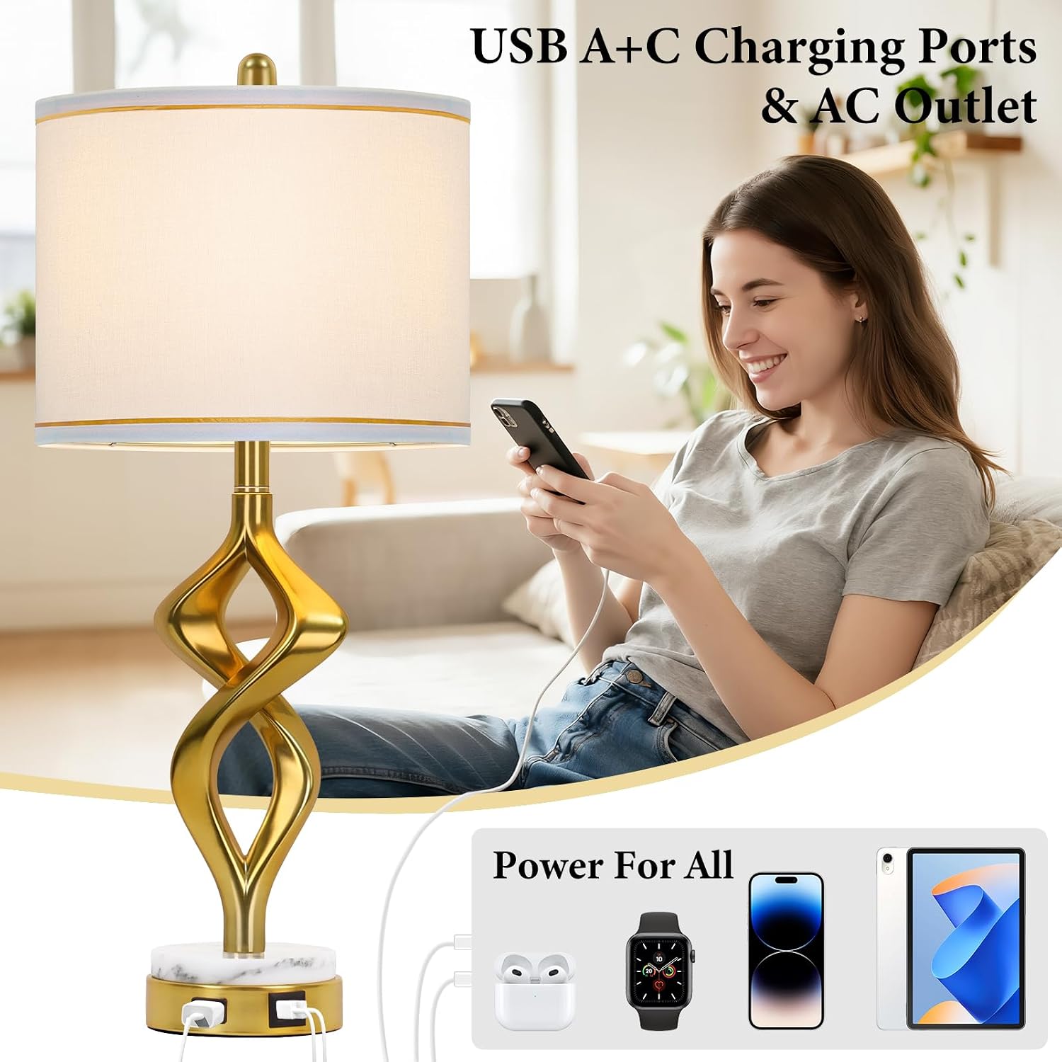 28.5' Modern Sculptural Living Room Table Lamps Set of 2 with USB A+C & AC Outlet, Gold Bedside Table Lamps with White Marble Base & Linen Shade, Nightstand Lamps for Bedroom Study Office Hotel Bar