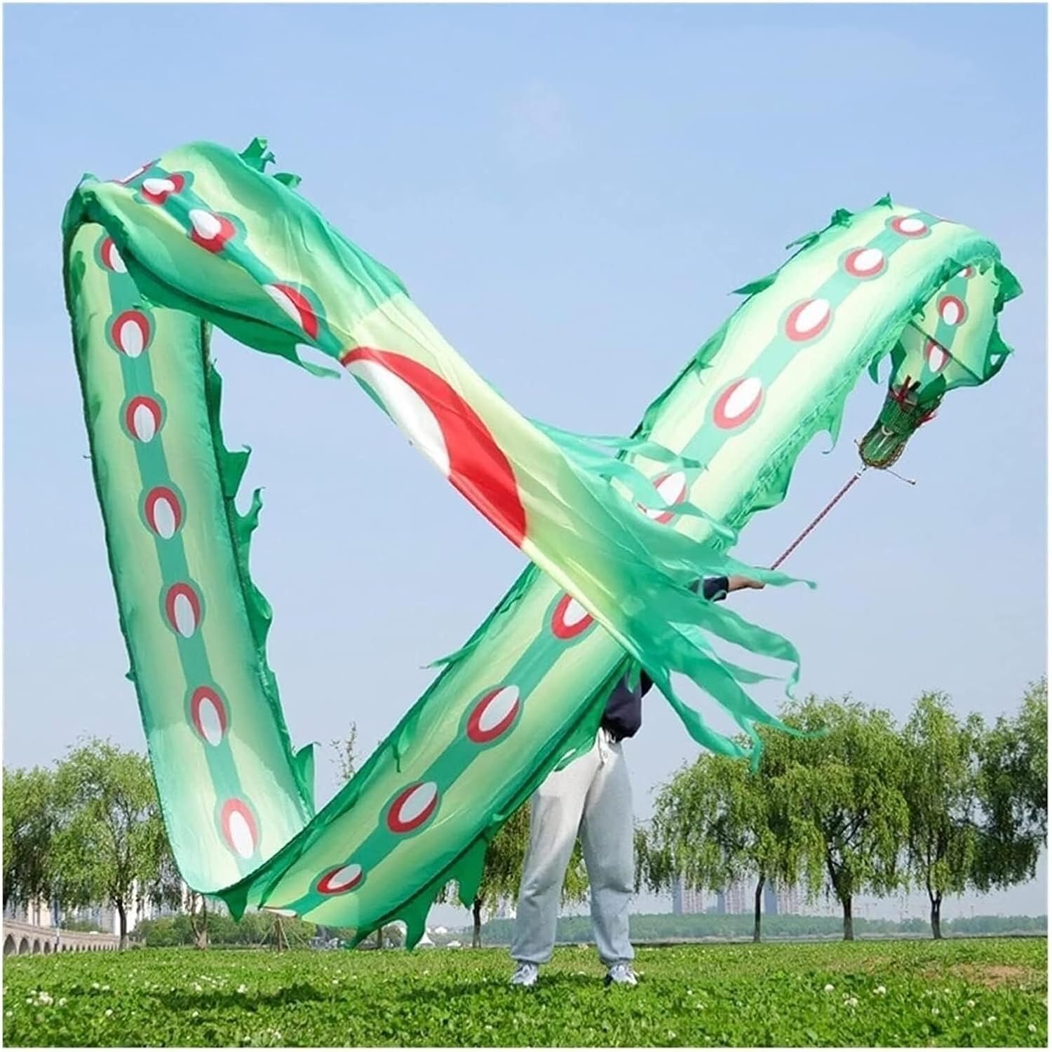 Chinese Dragon Costume Chinese Dragon Dance Ribbon 3D Colorful Dragon Silk-Like Flowy Spinning Lion Dance Streamers Silk Lion Dance Costume(Green,8m)