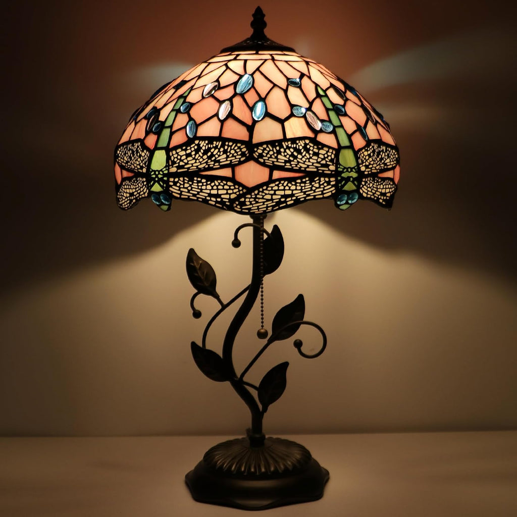 Tiffany Lamp Pink Dragonfly Style Stained Glass Table Lamp Desk Bedside Reading Light 12X12X19 Inches with Metal Leaf Base