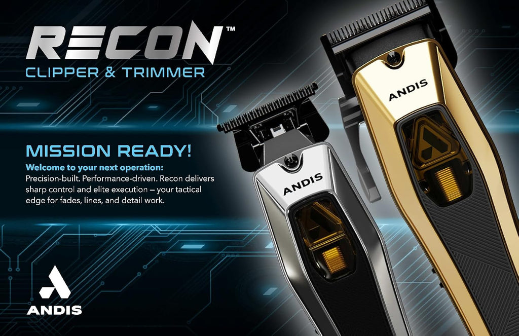 Andis Recon Professional Barber Vector Motor Hair Clipper, Adjustable-Fixed Phaze Blade, Includes OG Comb Set, Lithium Ion 4-Hour Run Time, Interchangeable Covers, Black/Gold