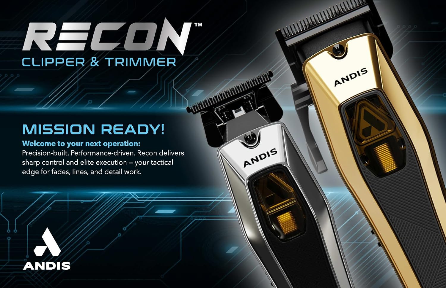 Andis Recon Professional Barber Vector Motor Hair Clipper, Adjustable-Fixed Phaze Blade, Includes OG Comb Set, Lithium Ion 4-Hour Run Time, Interchangeable Covers, Black/Gold