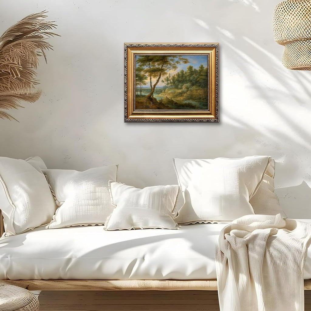 Framed Classical Forest Landscape Painting with Shepherds Canvas Wall Art Print European Countryside Poster Trees and Meadows Picture Vintage Farmhouse Scenic Artwork Decor for Home Office 24x36inch