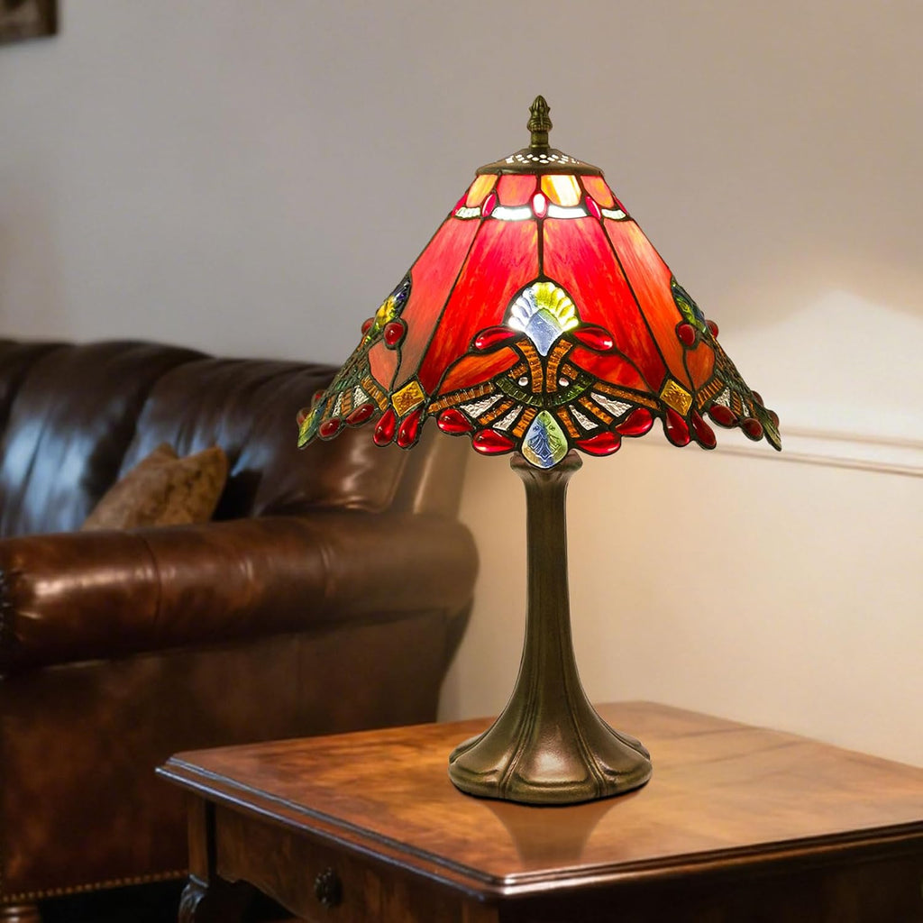 12 Inch Baroque Style Tiffany Table Lamp, Vintage Stained Glass Desk Lamp with Remote Control, 3 Color Temperature & Brightness Level for Office Home Bedroom Living (Red)