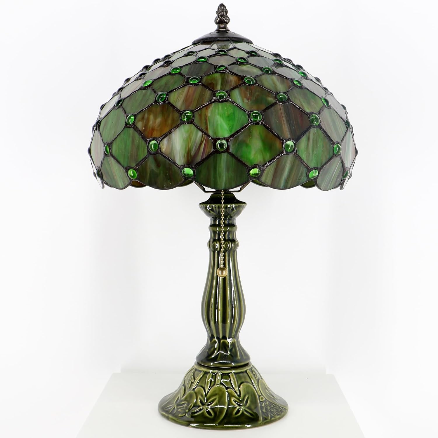 Tiffany Lamp Stained Glass Table Lamps Brownish Green Pearl Style Desk Lamp 12X12X18.5 Inch Bronze Ceramic Base Reading Light Suitable for Bedside Bedroom Living Room Dining Room Office
