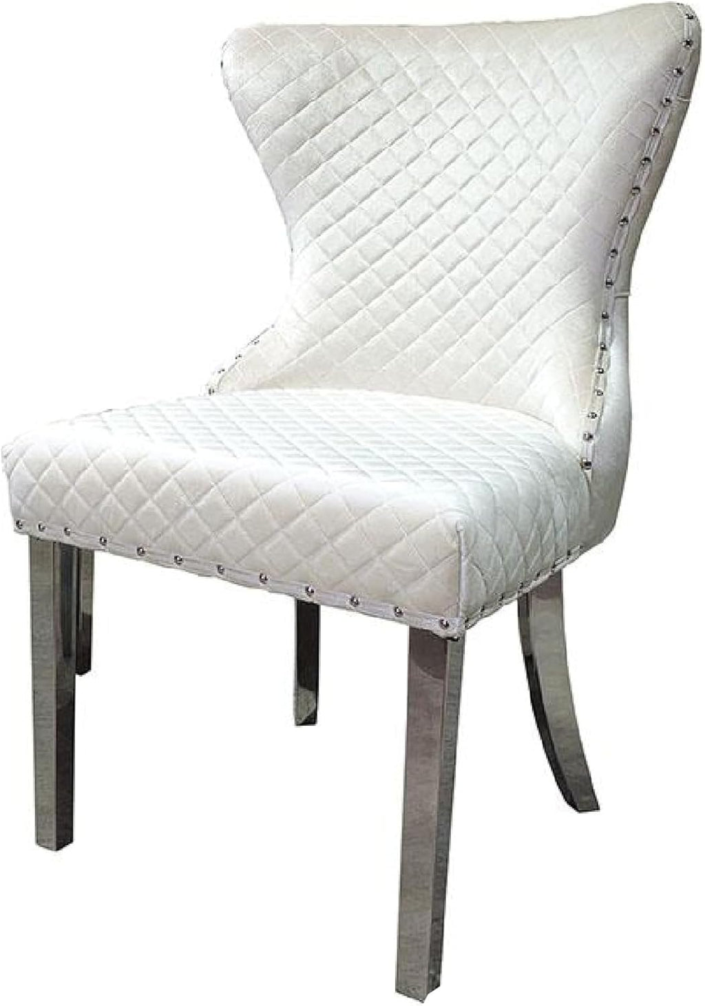 Anova Side Dining Chair Set of 2, Rivet Trim, Silver Stainless Steel, White Fabric