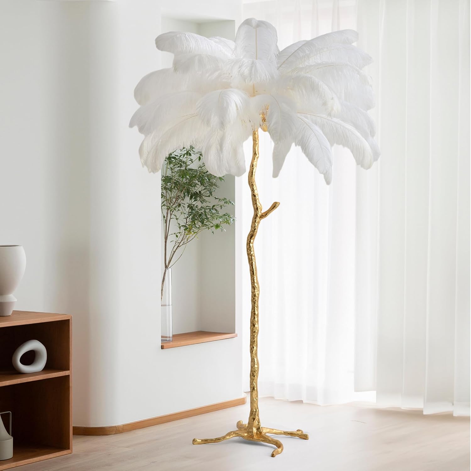 MAYOLA Luxury Resin Ostrich Feather Lamp, 35 Pieces Real Ostrich Feathers,Floor Lamp,for Living Room, Bedroom and Office 67' Tall Feather Lamp(White, Floor Lamp)