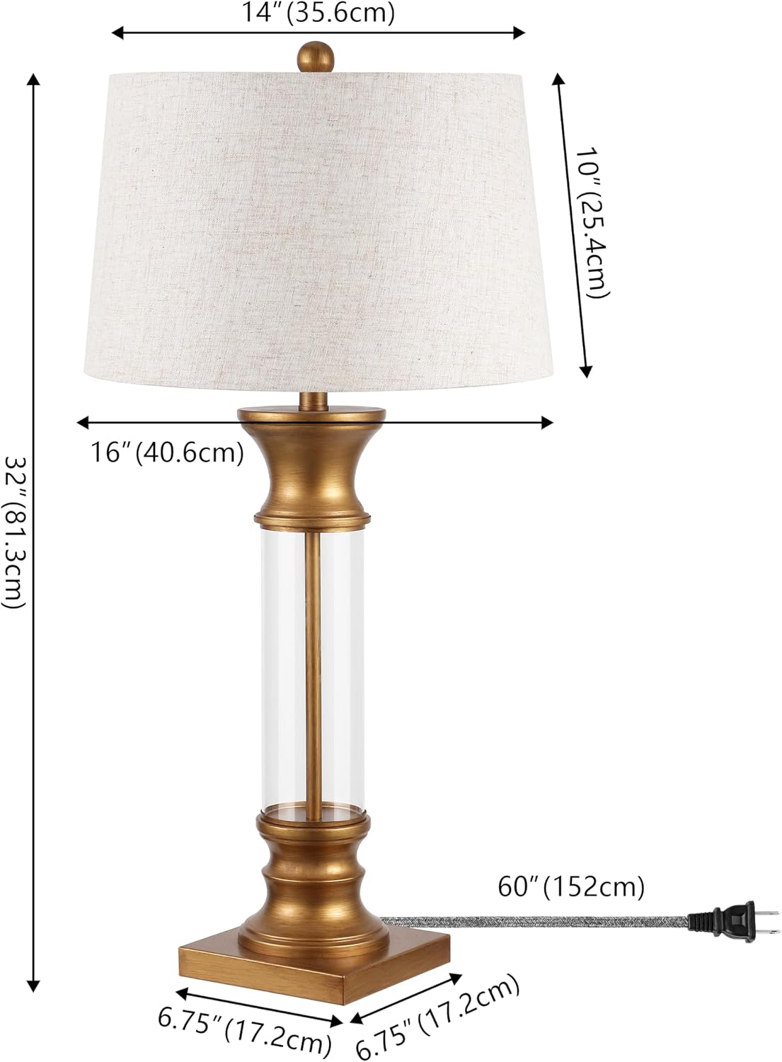 JONATHAN Y 32' Gold/Clear Glass Table Lamp Set of 2 for Living Room, Rustic Farmhouse Bedside Nightstand Lamps with Gray Linen Drum Shade, LED Bulbs Included (JYL4000B-SET2)