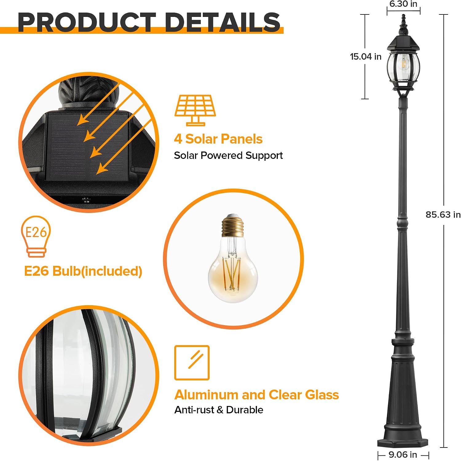 LUTEC Solar Lamp Post Light, Dusk to Dawn Waterproof Pole Light with Clear Glass, Aluminium Exterior Vintage Black Solar Powered Street Light Fixtures for Garden, Driveway, Pathway(Bulb Included)
