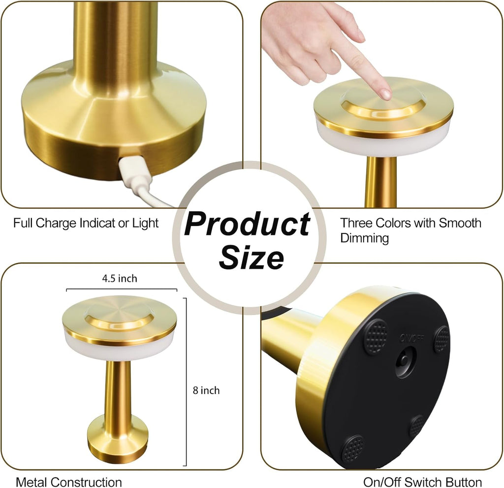 16 Pcs Gold Cordless Table Lamps with Touch Sensor Portable 3 Color Dimming up LED Table Lamp 15 Hours Rechargeable Battery Desk Light for Living Room Nursery Restaurant