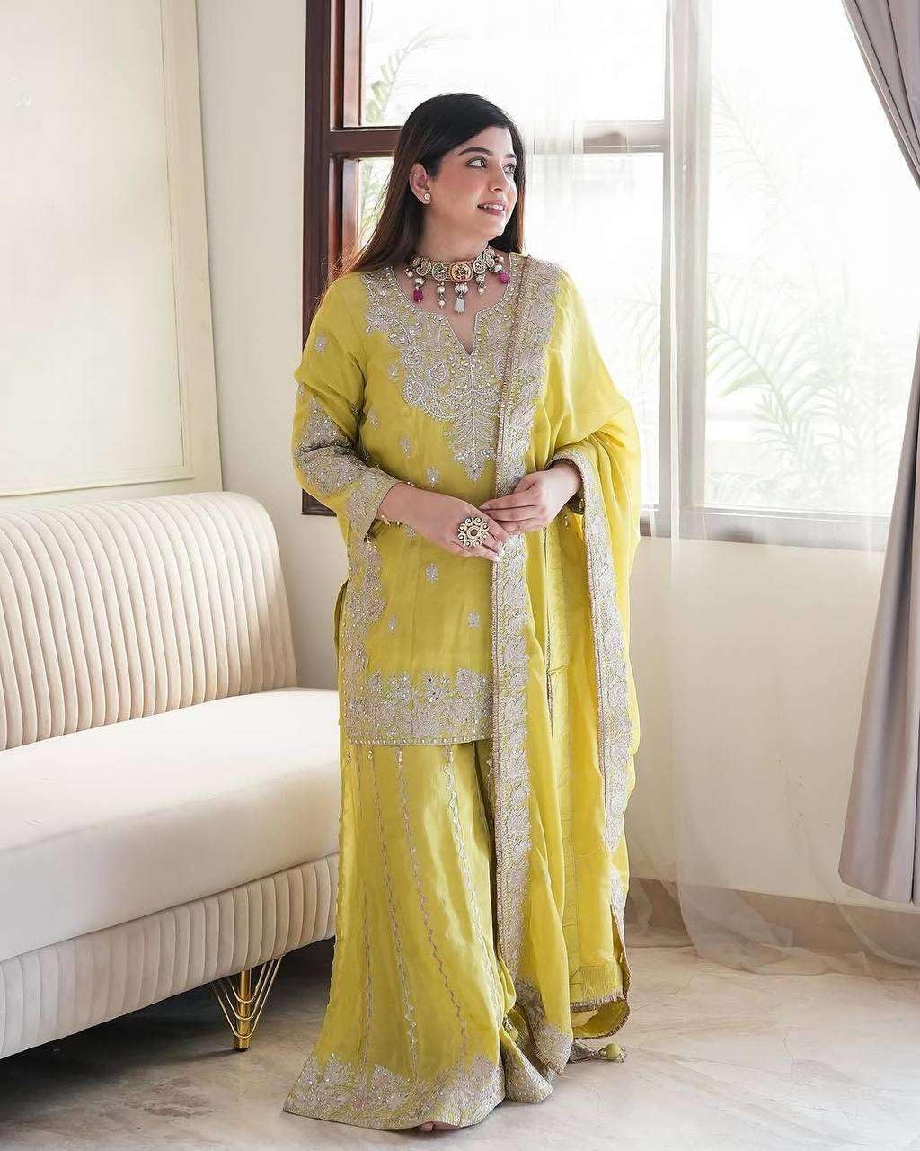 Dimin Crafts Women's Chinon Silk Embroidered Kurti With Sharara & Dupatta Set with Rivet Moti Work