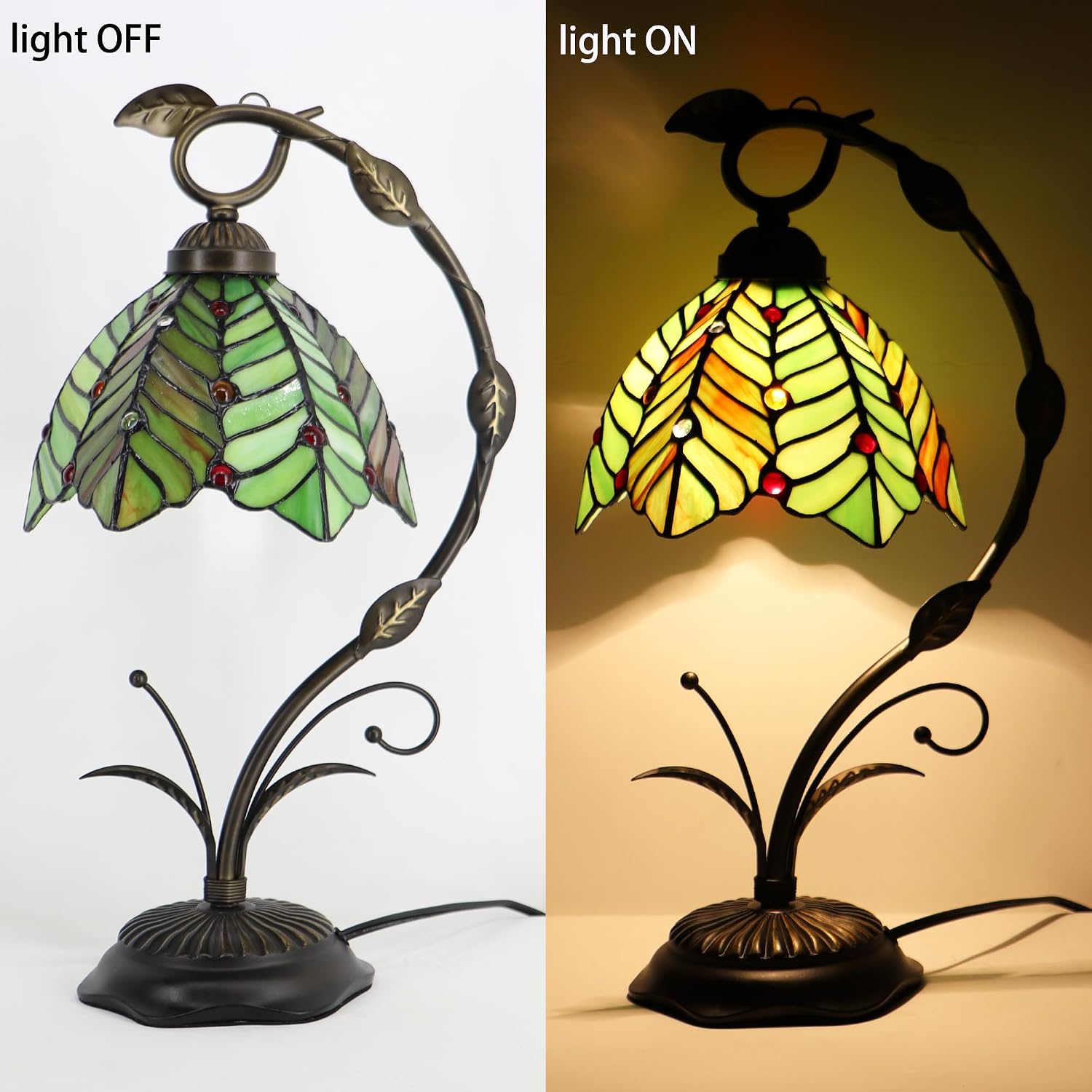 Tiffany Table Lamp, Stained Glass Desk Reading Light, 8X10X19 Inches, Metal Leaf Base (Brown Green Leaf)