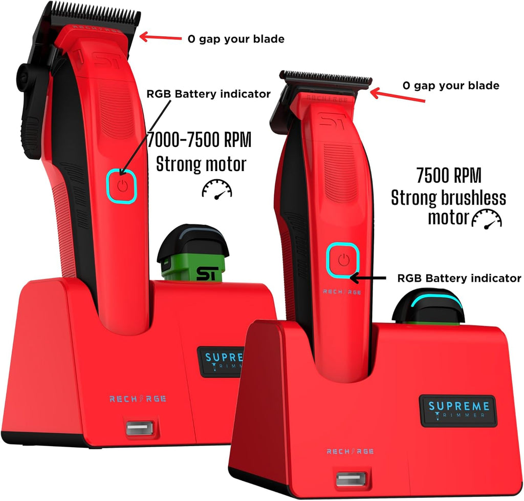 Supreme Trimmer 2-in-1 Recharge Hair Clipper & Beard Trimmer Combo | 7500 RPM, Removable Battery, Smart USB Charging Base | STC779 + ST777