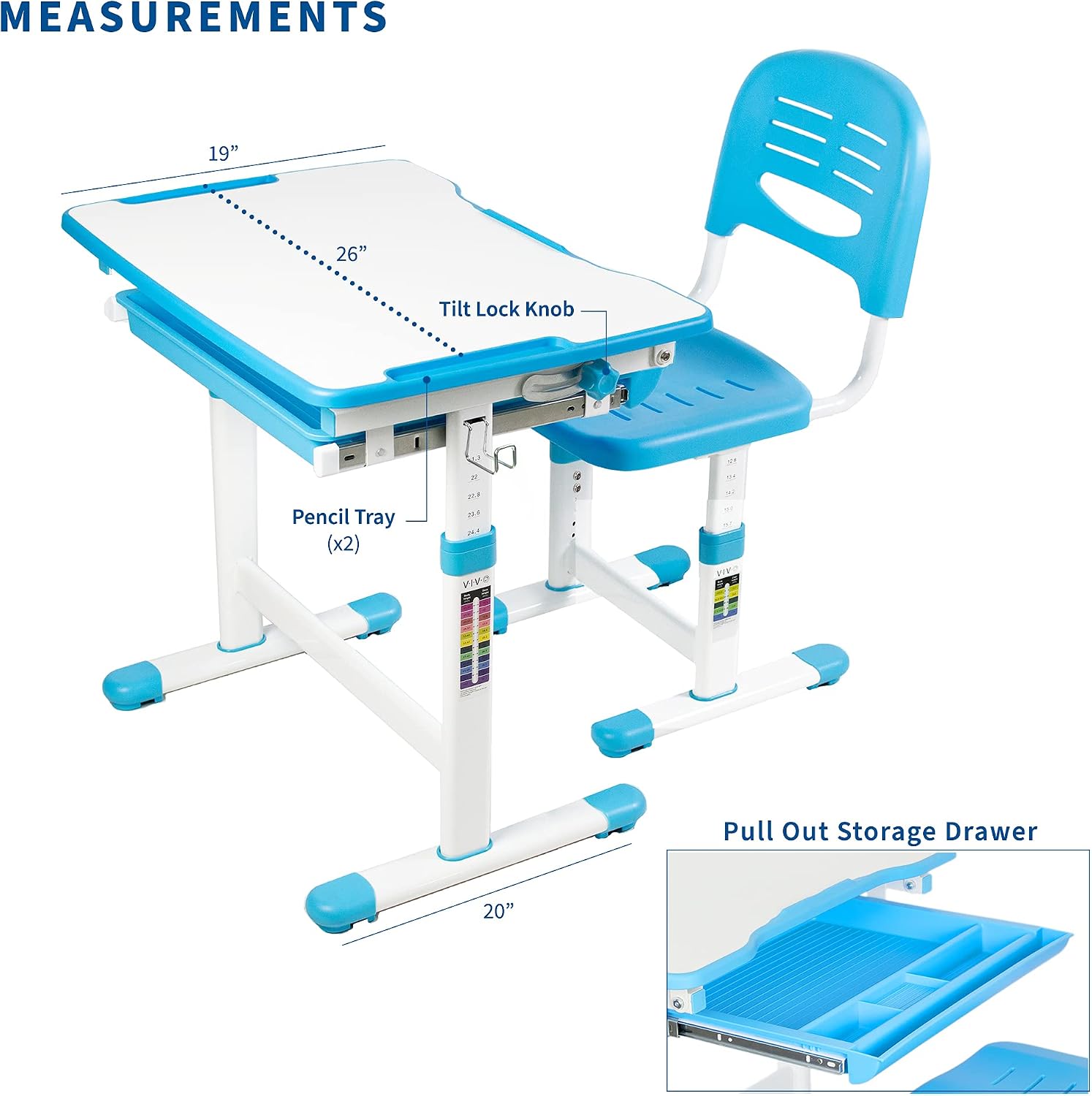 VIVO Height Adjustable Children's Desk and Chair Set, Kids' Multifunctional Interactive Workstation for School Writing Study Play, Tilting Desktop with Pullout Storage Drawer, Blue, DESK-V201B