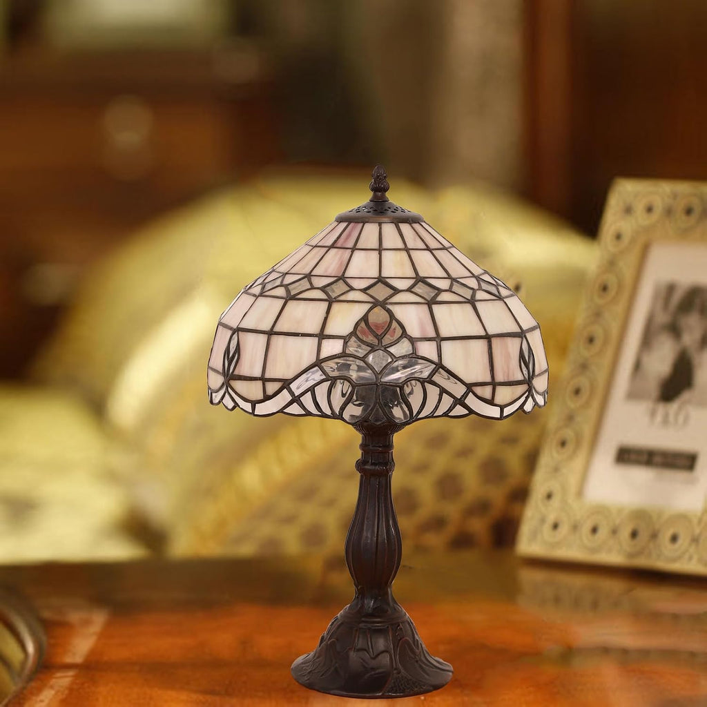 Tiffany Vintage Table Lamp,Pink Baroque Stained Glass Vintage Lamps,Bedside Nightstand Lamps for Bedroom,Living Room,Home Office Desk Lamp,LED 3 Color Temperatures Bulb,12X12X19Inch