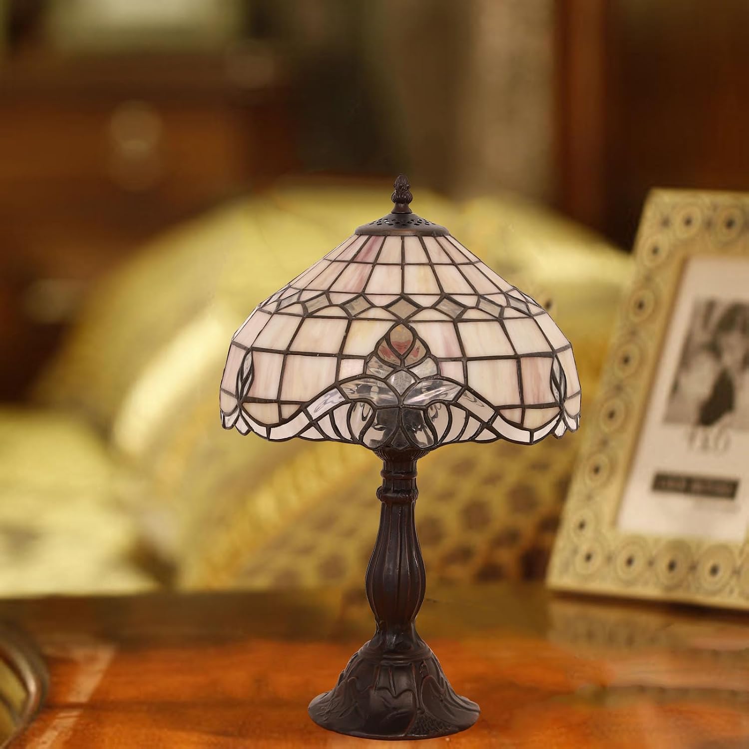 Tiffany Vintage Table Lamp,Pink Baroque Stained Glass Vintage Lamps,Bedside Nightstand Lamps for Bedroom,Living Room,Home Office Desk Lamp,LED 3 Color Temperatures Bulb,12X12X19Inch