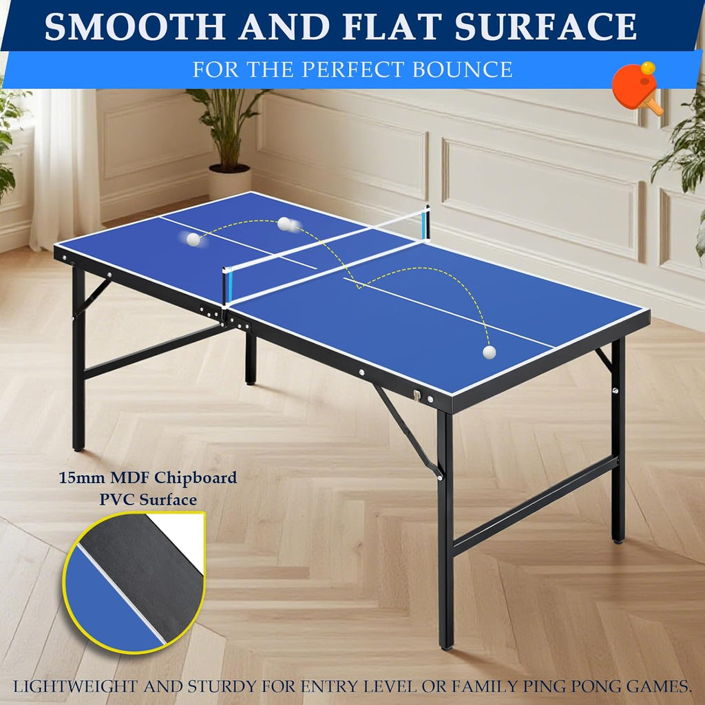 Portable Ping Pong Table, Foldable Indoor Table Tennis Tables Game, Folding Indoor Table Tennis w/ 2 Paddles, 2 Balls and Net for Adults/Teens, Quick Assembly