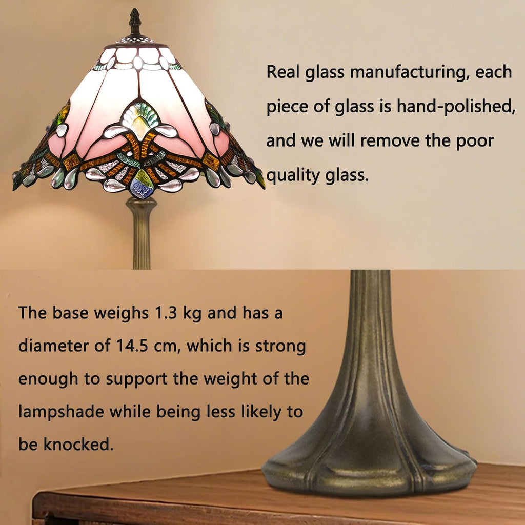 12 Inch Baroque Style Tiffany Table Lamp, Vintage Stained Glass Desk Lamp with Remote Control, 3 Color Temperature & Brightness Level for Office Home Bedroom Living (Pink)
