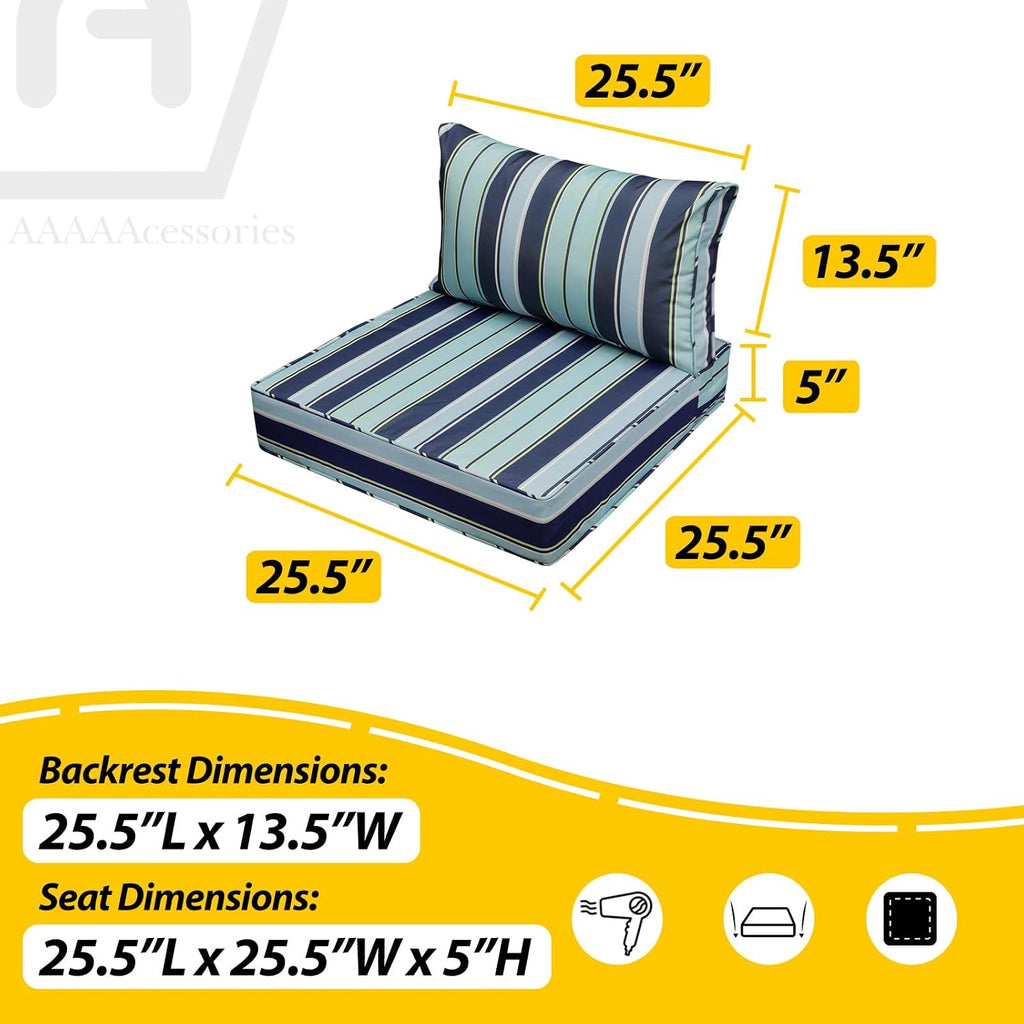 AAAAAcessories Outdoor Seat Cushions for Chairs, Fade-Resistant, Waterproof Patio Furniture Replacement Cushions, 25.5' x 25.5' x 5' + 25.5' x 13.5', Set of 4, Ash Teal Seaside Stripe