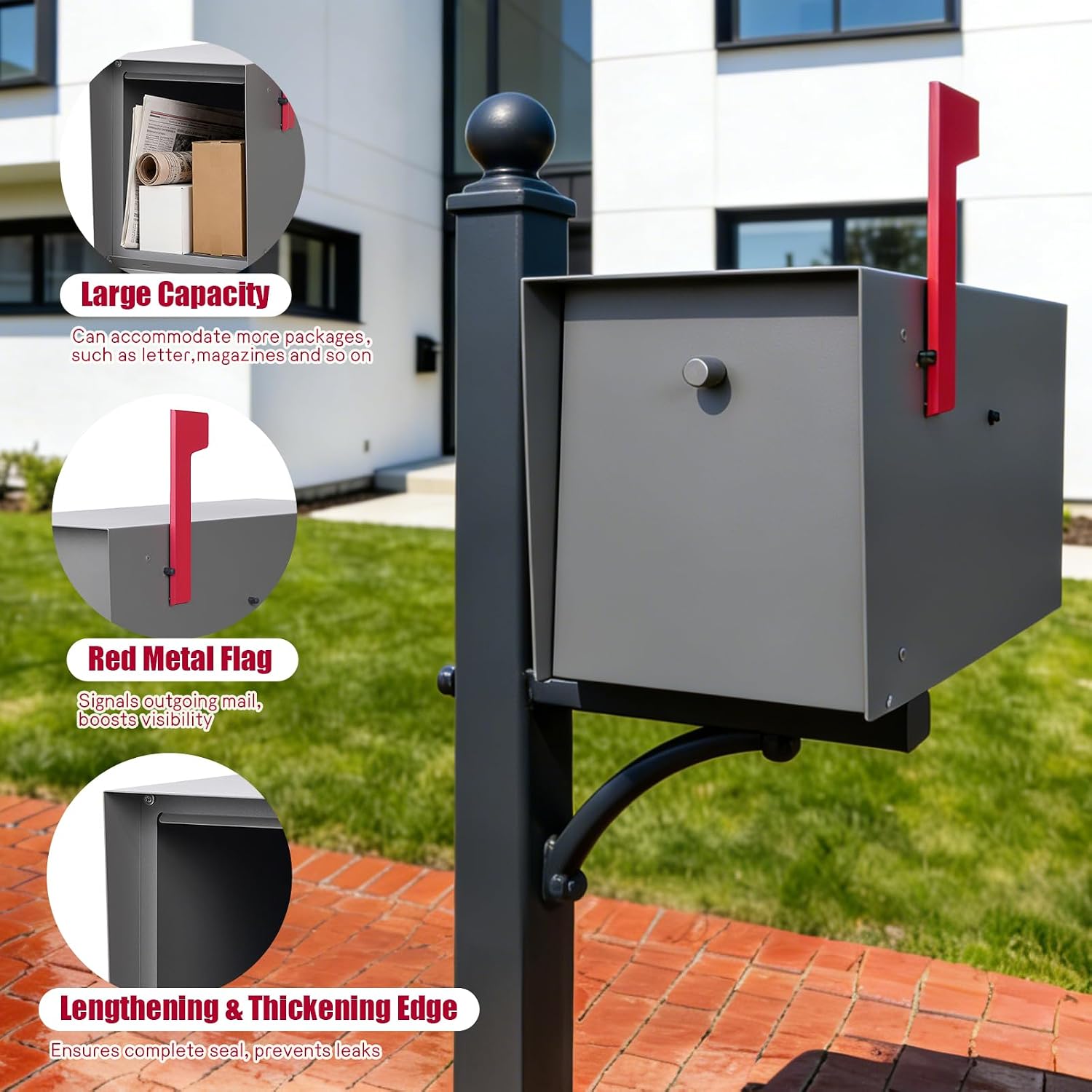 Large Mailboxes for Outside Post Mount Mailbox, Metal Mail Box with Magnetic Latch, Galvanized Steel Modern Mailbox for House Outside, 20.9 x 7.9 x 10 Inches, Gray