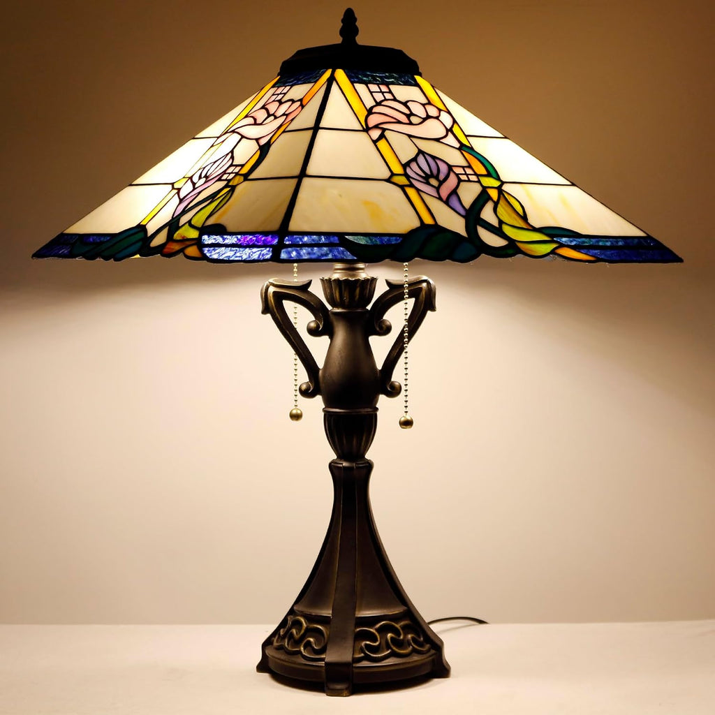 Tiffany Table Lamp Stained Glass Square Pink Flower Mission Style Desk Reading Light 16X16X24 Inch for Bedroom Living Room Home Office