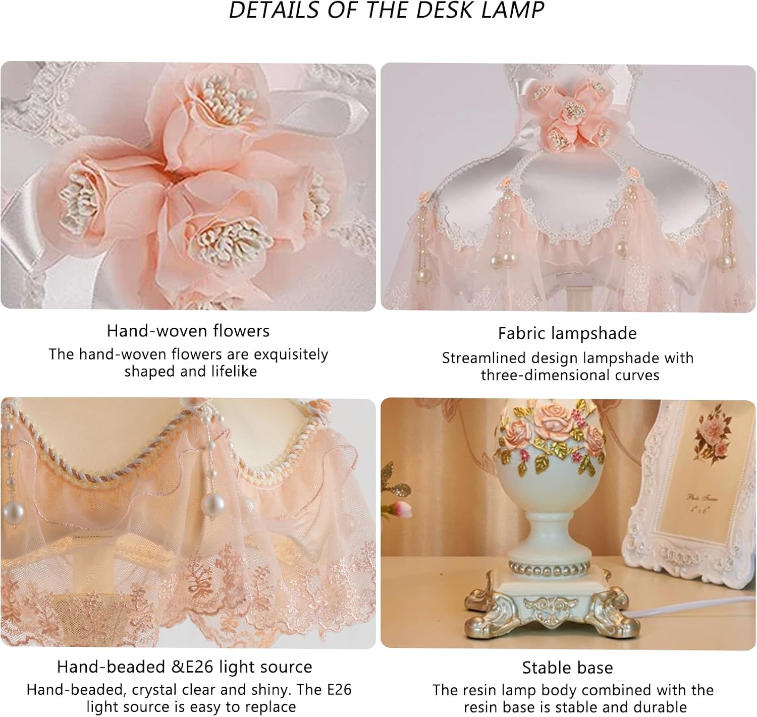 Pink Resin Table Lamp Fabric Princess Desk Lamp Modern Resin Lampbody with Flower Decorative Bedside Nightlight for Bedroom Living Room