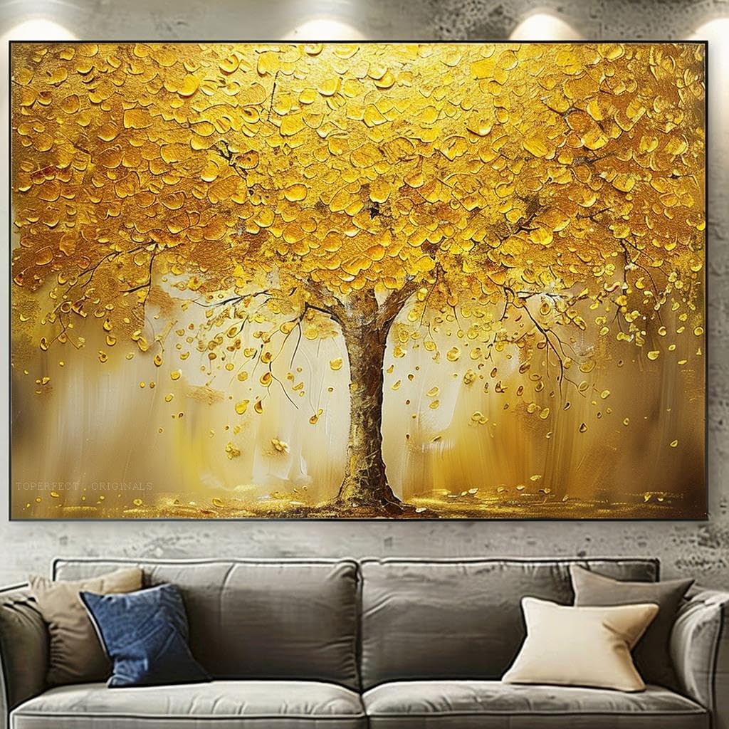 30 Original Gold art painting on canvas, Fortune Tree wall decor with golden leaf and powder, gold tree home decorations in modern style, handmade trees acrylic painting by college teachers 1