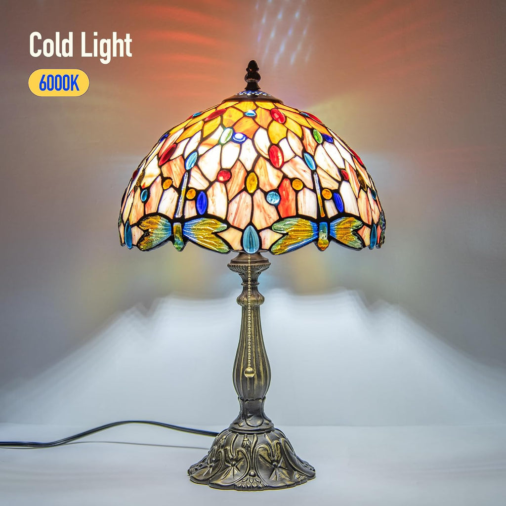 Tiffany Style Table Lamp Vintage Dragonfly Stained Glass Desk Lamp for Bedside Reading Bedroom Living Room Entry Home Office D12 xH18