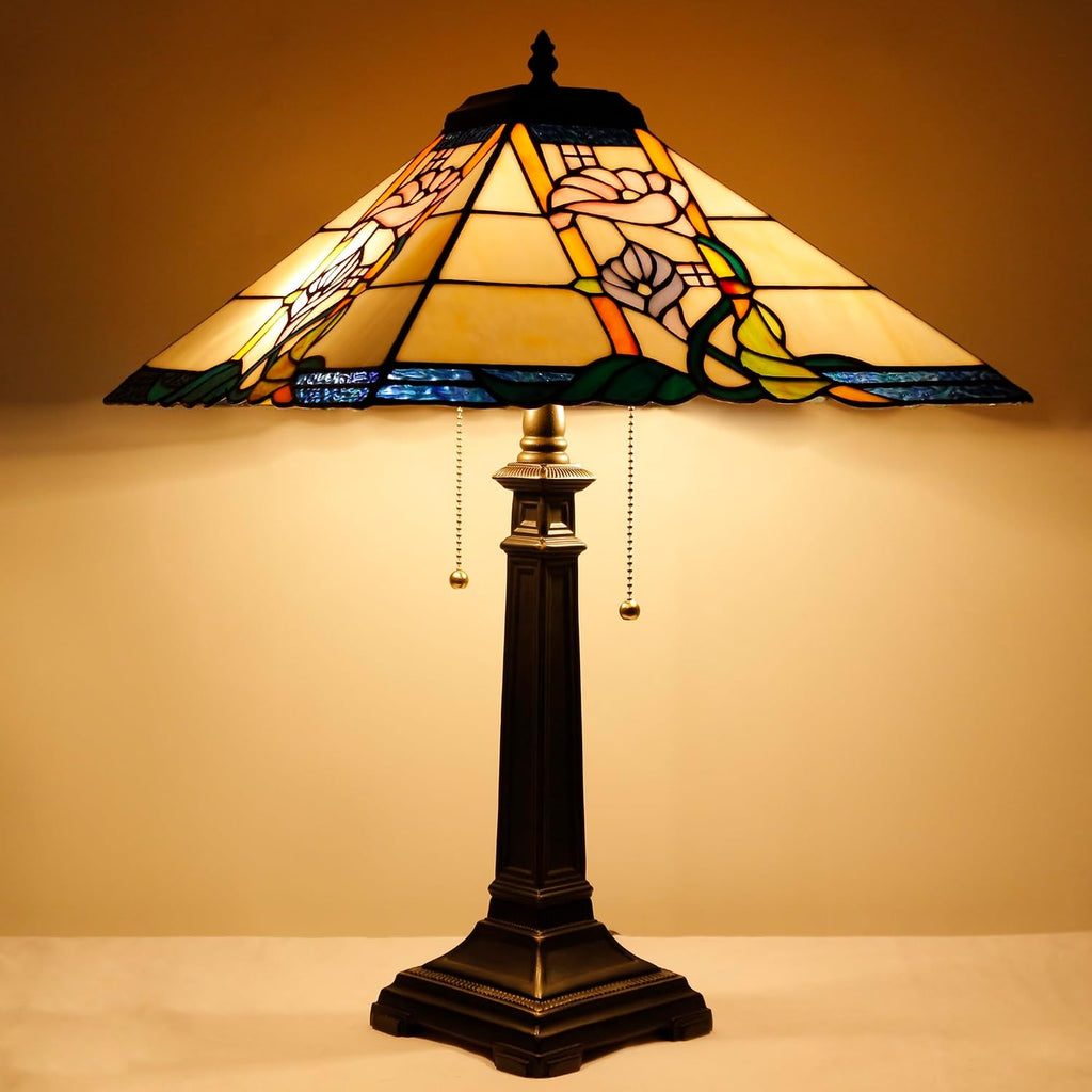Tiffany Table Lamp Pink Flower Mission Style Stained Glass 16X16X23 Inches Desk Reading Light for Bedrooms Living Room Study Home Office