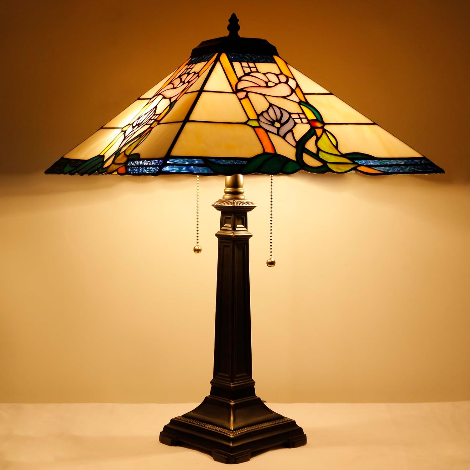 Tiffany Table Lamp Pink Flower Mission Style Stained Glass 16X16X23 Inches Desk Reading Light for Bedrooms Living Room Study Home Office