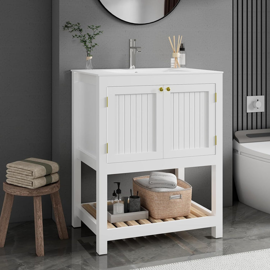 30 Inch Bathroom Vanity with Sink, Modern Bathroom Sink Cabinet with Open Shelf, Ceramic Basin, Freestanding Bathroom Vanities, White