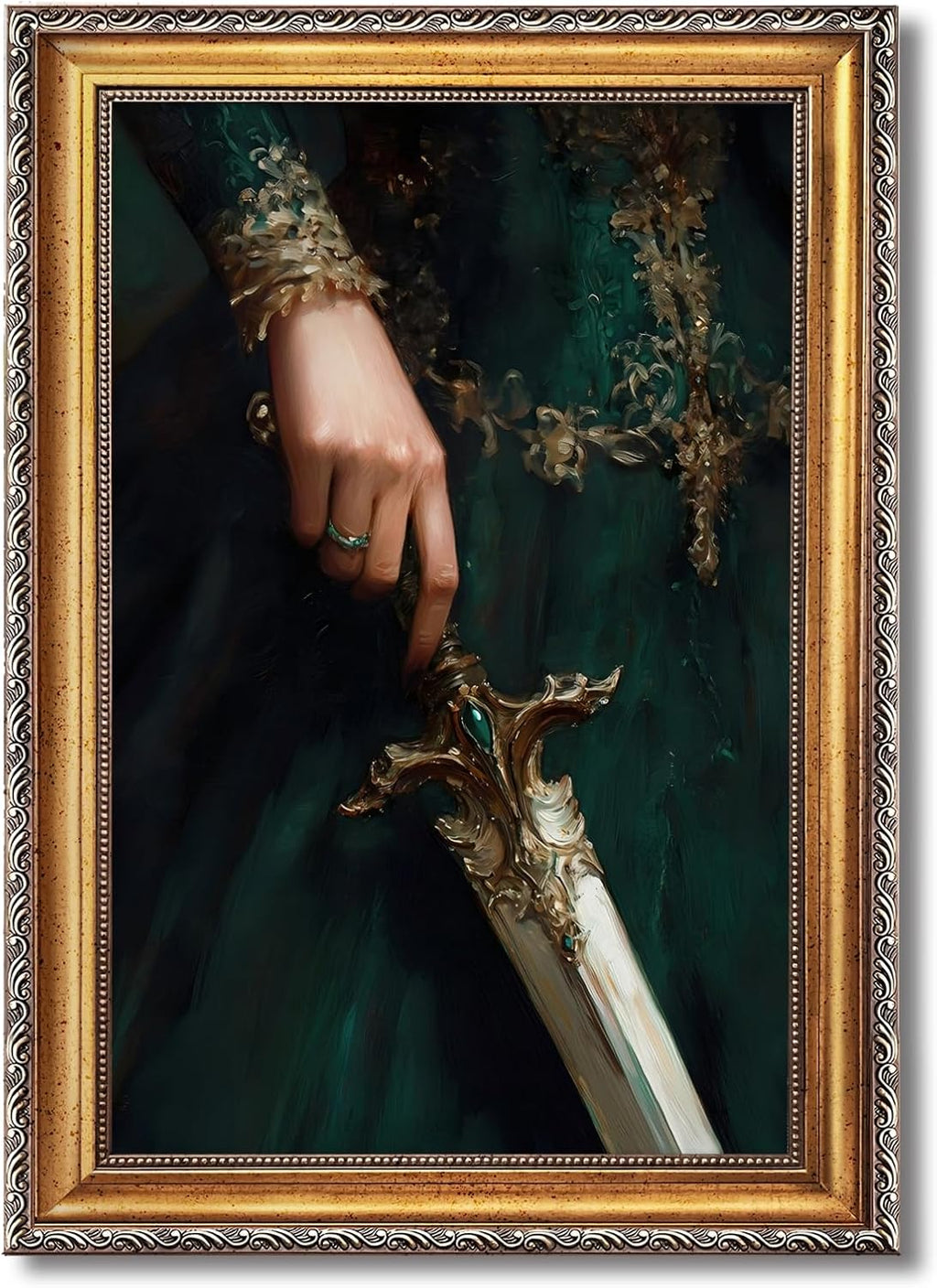 Large Gold Framed Victorian Feminist Woman Wall Art Vintage Royal Medieval Sword Canvas Poster Retro Jeweled Hand Oil Painting Prints Luxury Gothic Castle Court Decor for Girly Bedroom 24x36inch