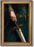 Large Gold Framed Victorian Feminist Woman Wall Art Vintage Royal Medieval Sword Canvas Poster Retro Jeweled Hand Oil Painting Prints Luxury Gothic Castle Court Decor for Girly Bedroom 24x36inch