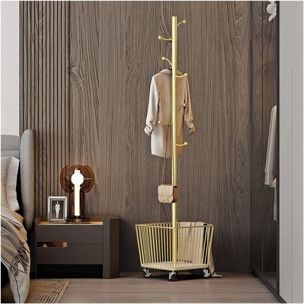 Coat Rack Stand Clothes Rack Stand, Garment Shelf with Storage Basket, Handbag Hat Scarfs Storage Holder with Wheels, Portable Hall Entryway Bedroom (Gold-36x185CM