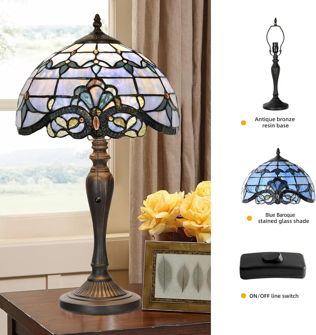 TL0015 Tiffany Table Lamp, Blue Baroque Stained Glass Shade, W12×OH21.5in, LED Bulb Included, for Bedroom Living Room (Blue Baroque)