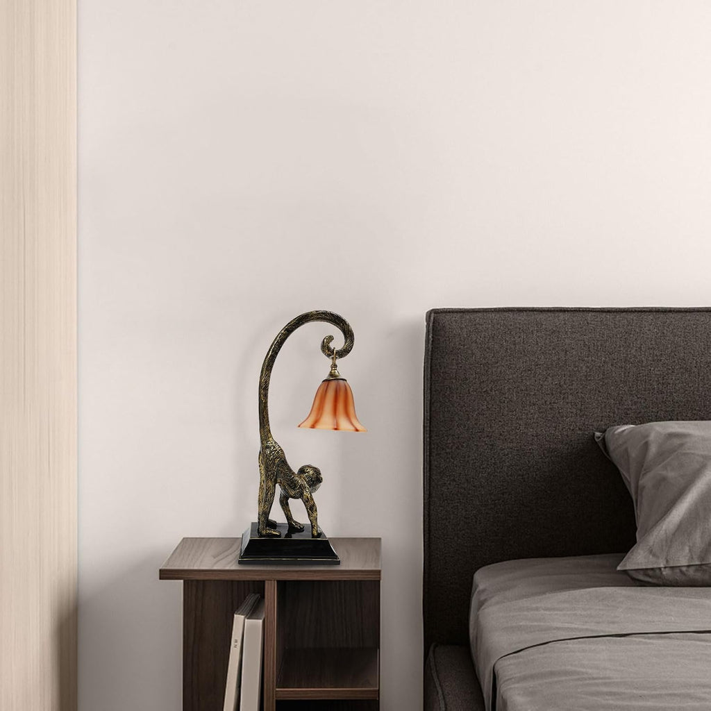 Bedside Table Lamp, Monkey Desk Lamp E26 Creative Animal Gold Resin Bed Side Lamps Sitting Monkey Lighting Fixture for Bedroom Office Bar Cafe Living Room Decor (Left)