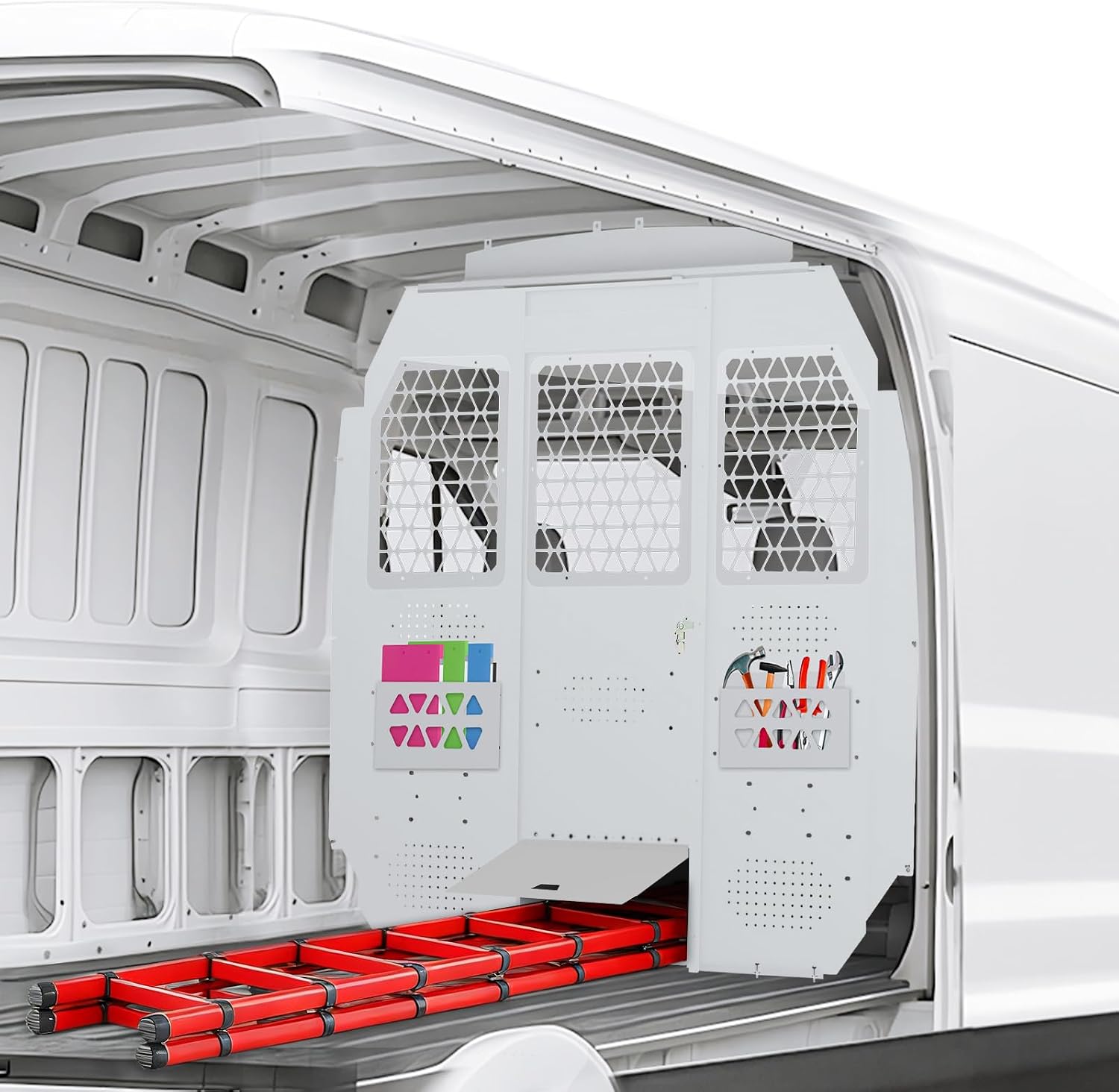 Cargo Van Partition for Ford Transit 150 250 350 Mid Roof, Hinged Center Door with Door Lock and Clear Acrylic Window,Heavy-Duty Steel Van Safety Partition Bulkhead, 2015–2025,White