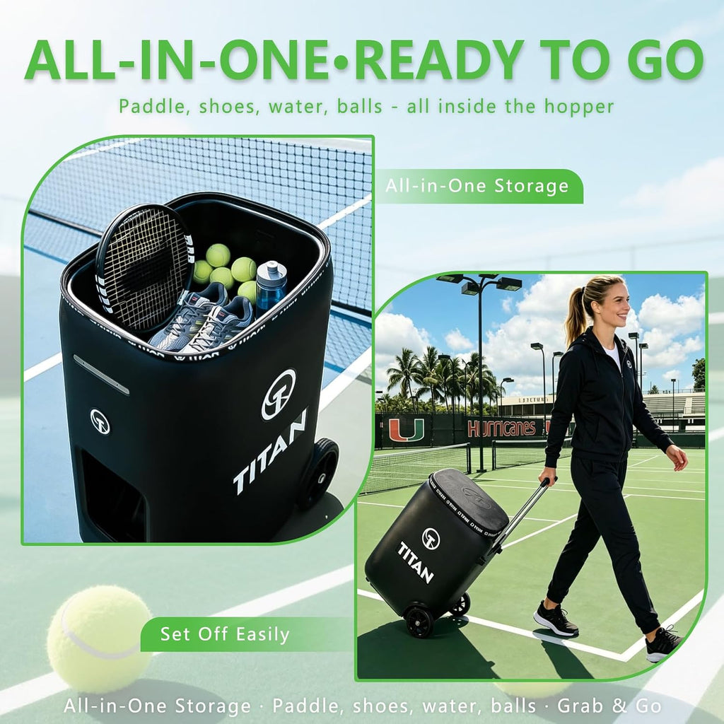 Titan ONE Tennis Ball Machine with 130-Ball Capacity & Internal Oscillation | Remote Control via Free App, 80 MPH Speed, Portable with Trolley Handle & Wheels