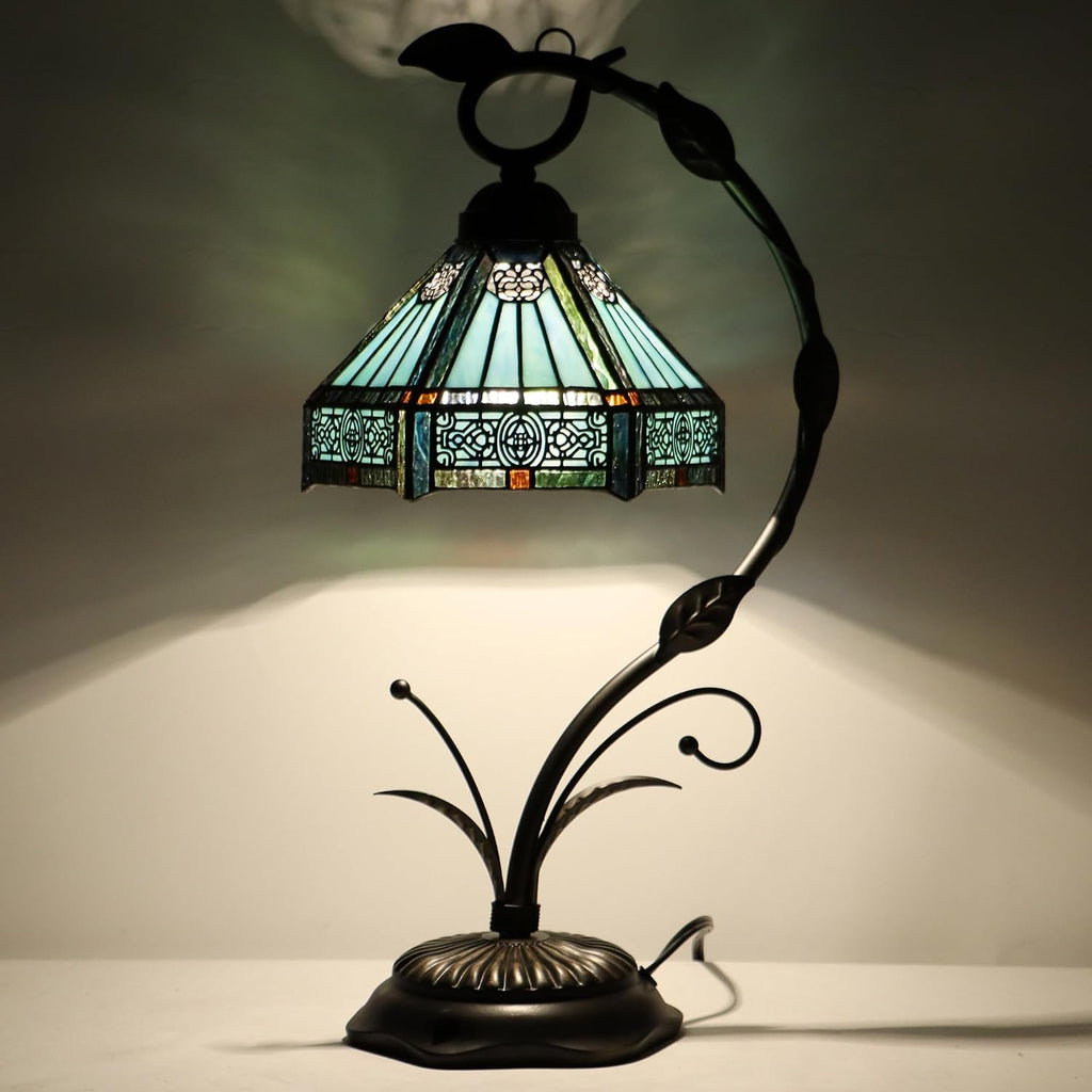 Tiffany lamp Stained Glass Table Lamp, Mission Style Desk Reading Light with Metal Leaf Base, 8X10X19 Inches (Mission Style)