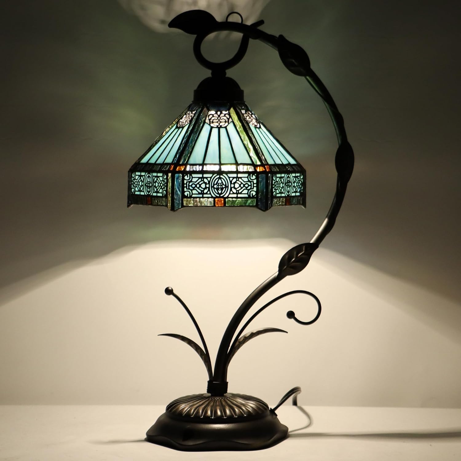 Tiffany lamp Stained Glass Table Lamp, Mission Style Desk Reading Light with Metal Leaf Base, 8X10X19 Inches (Mission Style)