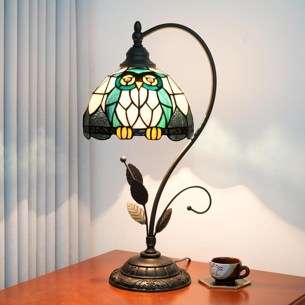 Tiffany Table Lamp Owl Stained Glass Bedside Lamp Tiffany Style S Metal Leaves Desk Light for Home Living Room Office Dormitory Bar Family Friends Gift
