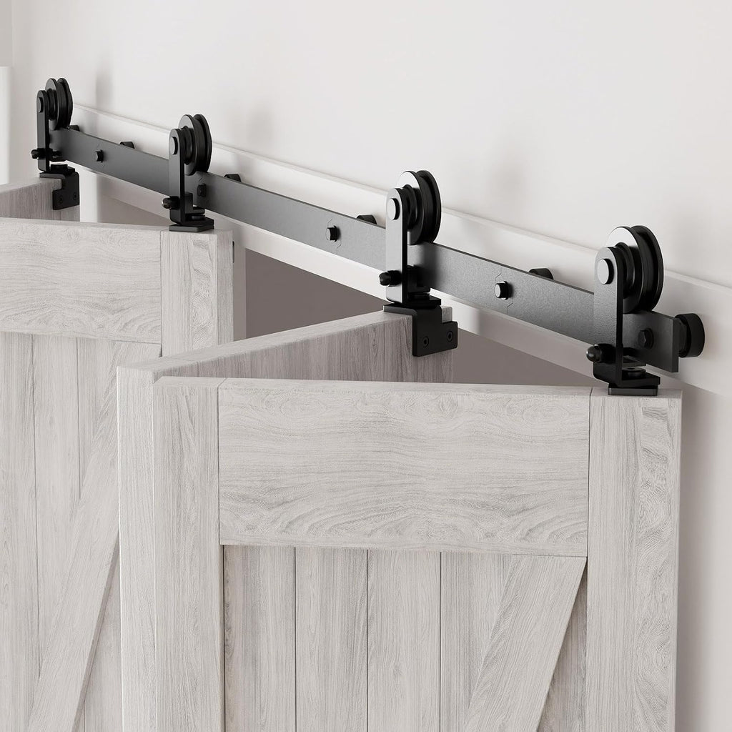 CCJH 48' Bi-Folding Sliding Barn Door Hardware Kit for 4 Doors,Slide Smoothly Quietly,Black Track Top Mount Roller,No Door