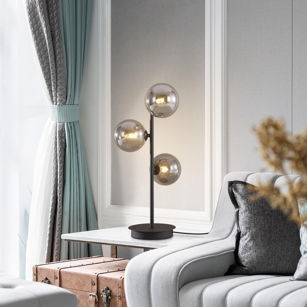 Mid Century Modern Table Lamp, Black 3 Light Reading Lamp with Smoky Grey Glass Shade, Bedside Lamp for Bedroom Living Room Study Room